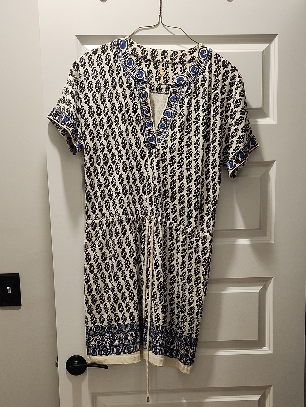 Tory Burch Cream Black Blue Tie Waist Dress with Floral Print Size Large L